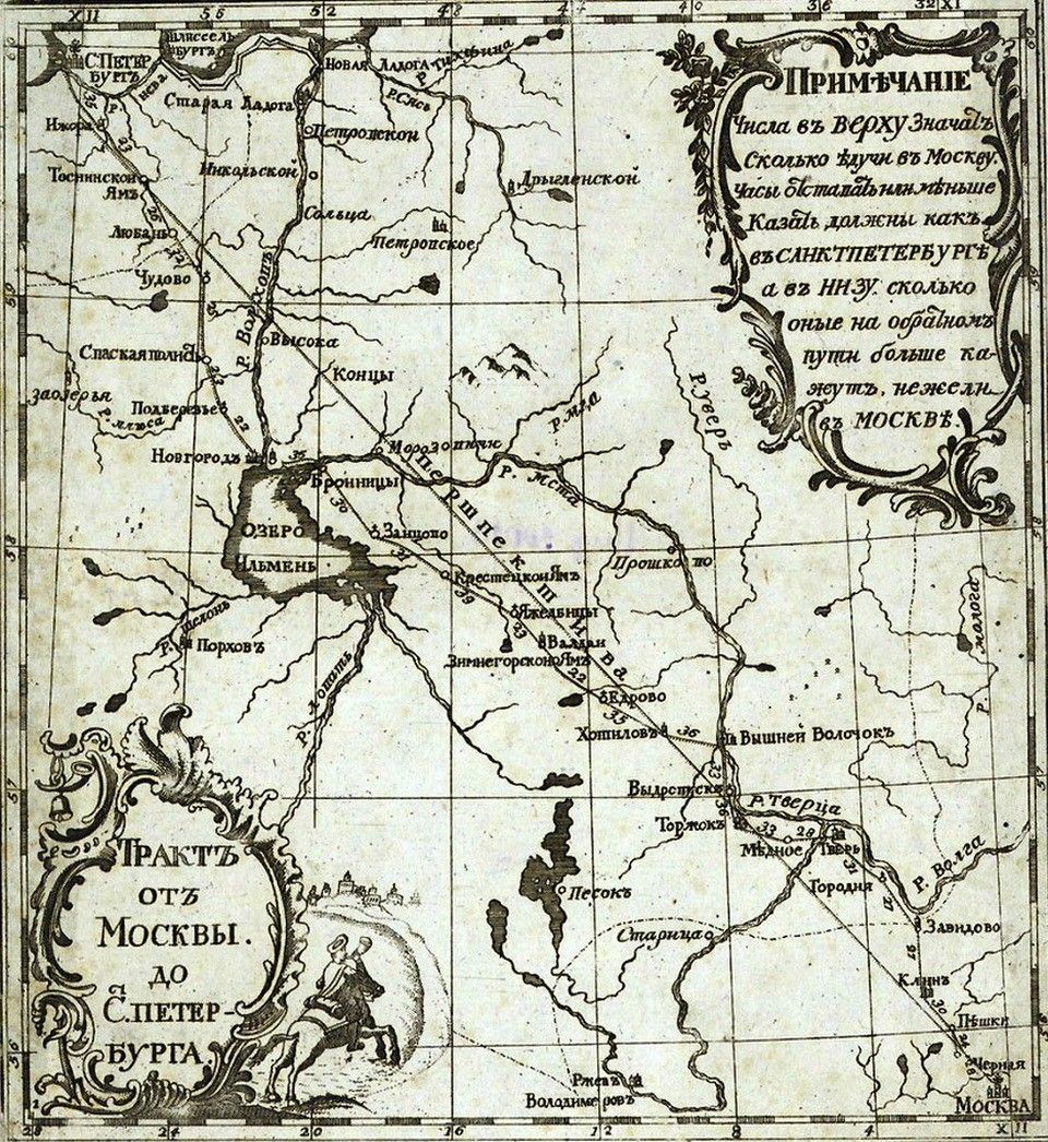Старинная карта дороги Москва-Санкт-Петербург